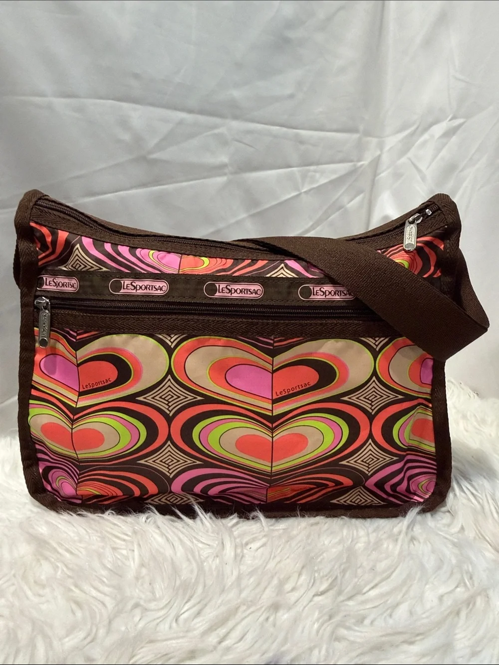 LeSportsac Brown Crossbody Bag with Pink, Red and Green Heart Print
